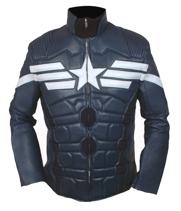 Leather Jackets Hub Men's Captain America 2014 Winter Motorbike Leather Jacket (Navy Blue, Fencing Jacket) - 1501769-0