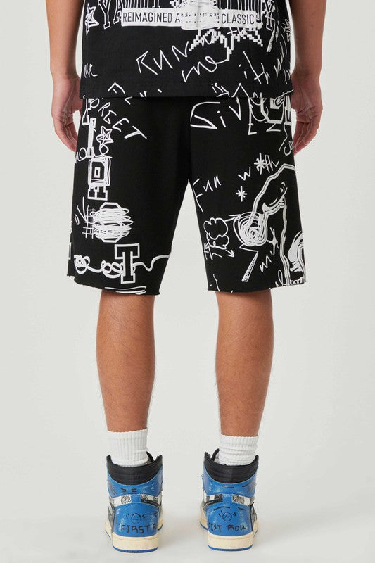 Allover Hand Doodling Puff Print Shorts