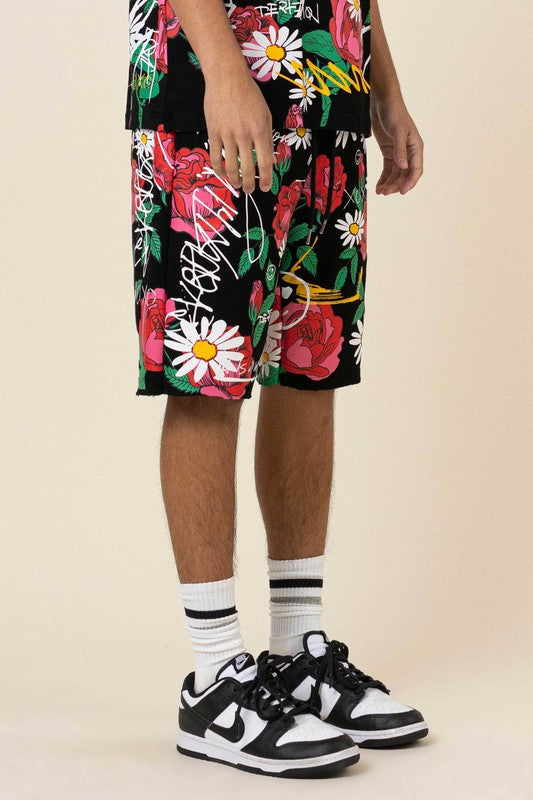 All Over Rose Bloom Print Shorts