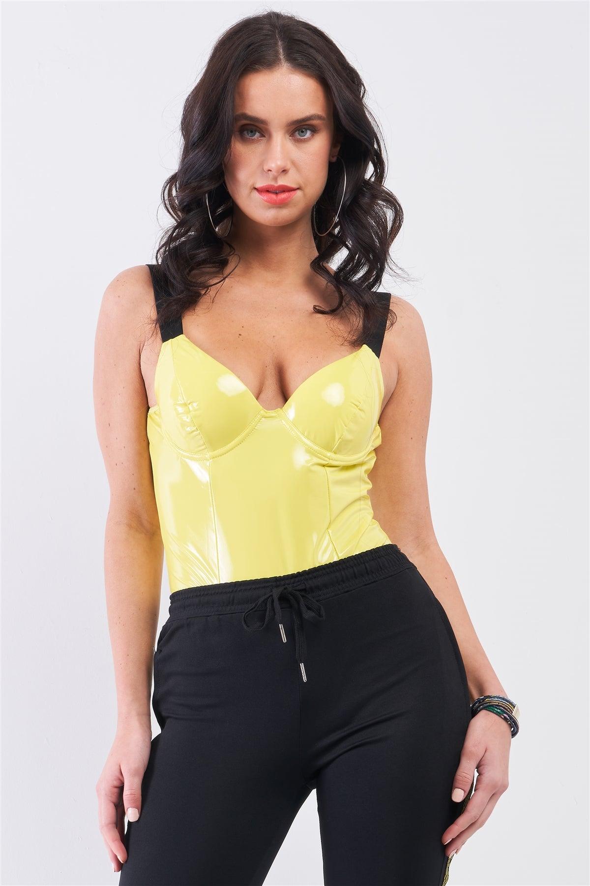 Yellow Vegan Leather Elastic Strap Bustier Bodysuit-0