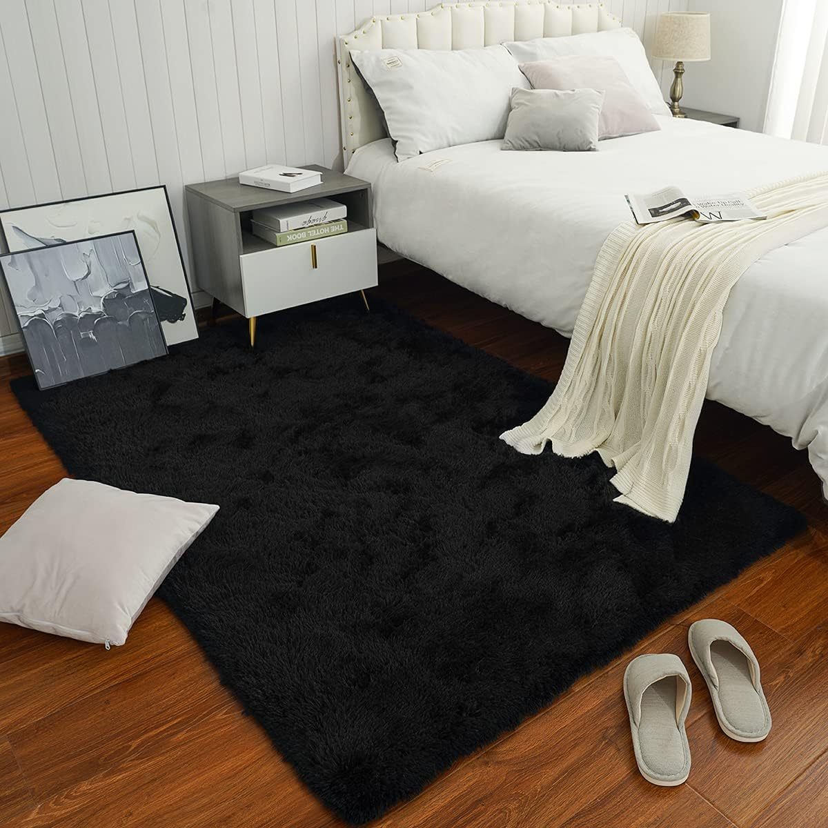 1pc, Fluffy Area Rug Solid Black Shag Area Rugs, Extra Soft And Shaggy Carpets, Indoor Fuzzy Rugs For Bedroom Living Room Home Rug, Outdoor Rug, Home Decor