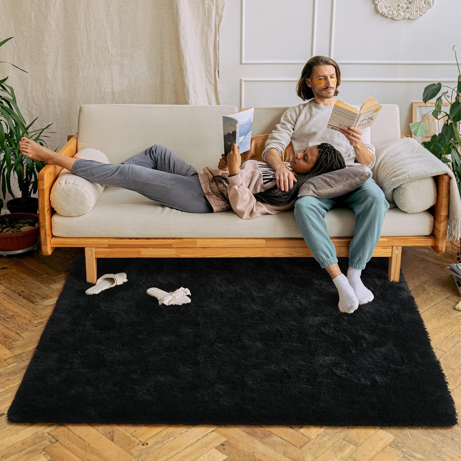 1pc, Fluffy Area Rug Solid Black Shag Area Rugs, Extra Soft And Shaggy Carpets, Indoor Fuzzy Rugs For Bedroom Living Room Home Rug, Outdoor Rug, Home Decor