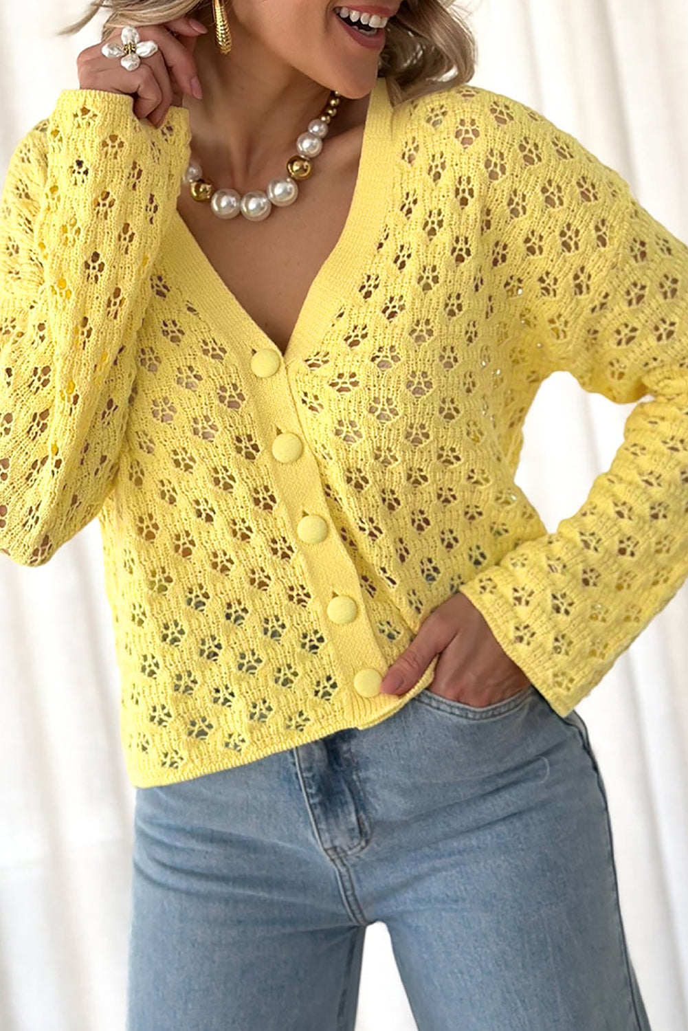 Yellow Pointelle Cardigan-0