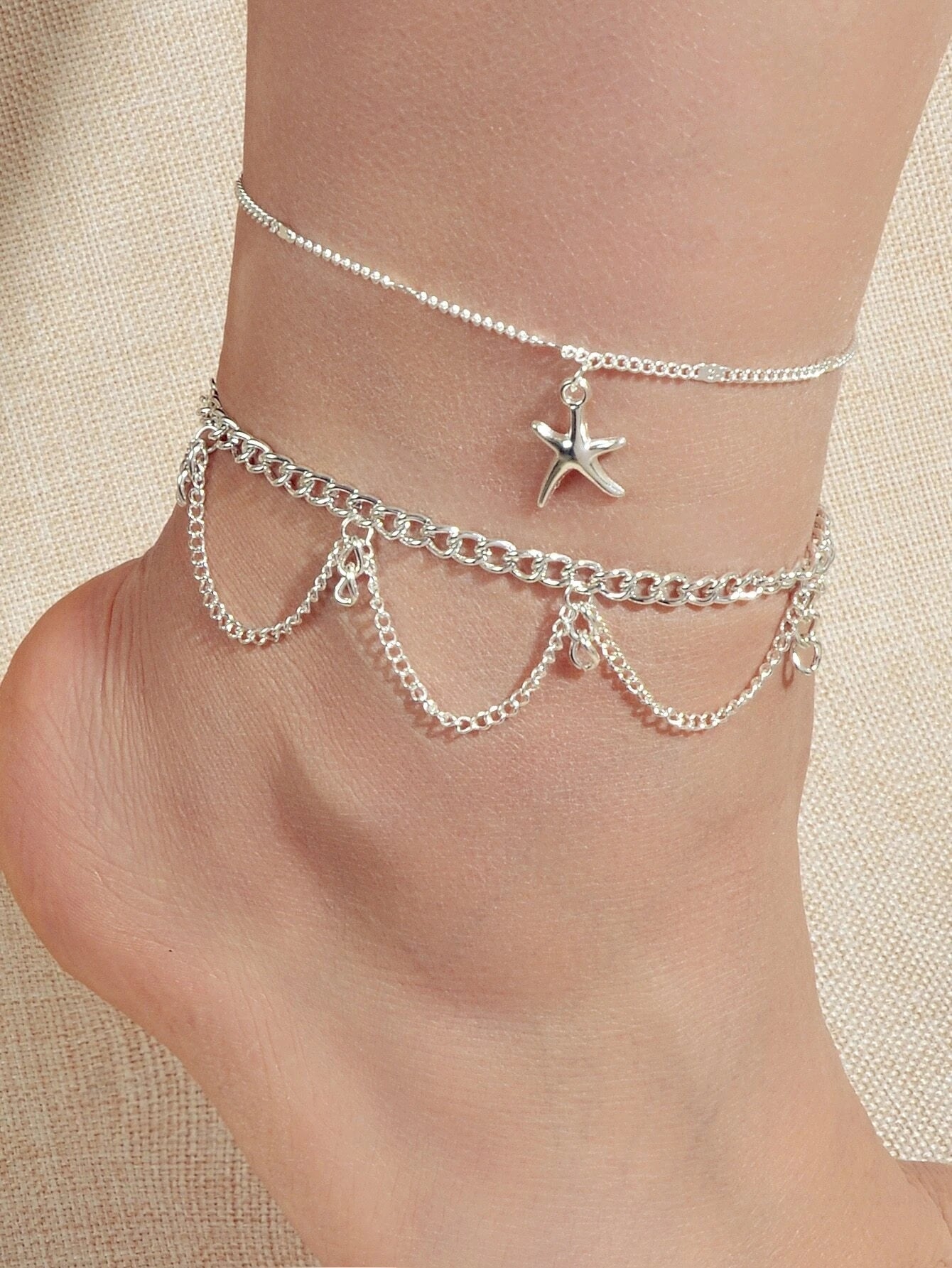 2pcs Fashion Foot Beach Jewellery Silver Chain Tassel Starfish Charm Anklet Gift-0