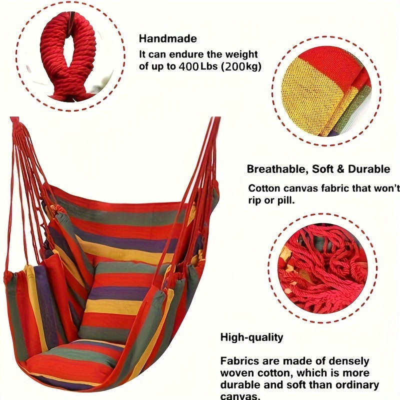 1pc Comfortable Canvas Hammock Chair with Cushion and Pillow - Durable Indoor/Outdoor Swing Seat for Garden, Patio, Camping, Home Relaxation