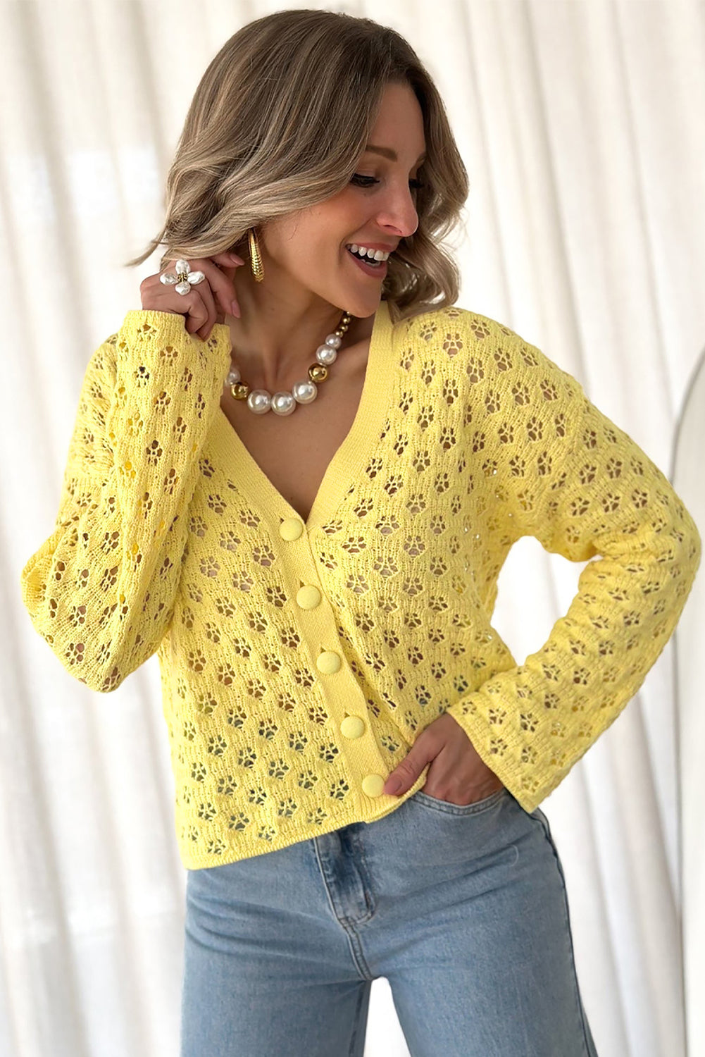 Yellow Pointelle Cardigan-3