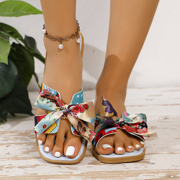 Ribbon Bow Sandals Summer New Square Toe Low Heel Sandal For Women Slides Fashion Casual Beach Shoes
