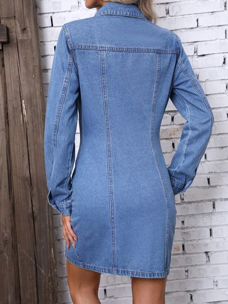 Button Front Long Sleeved Denim Dress HEHW3T2XQR