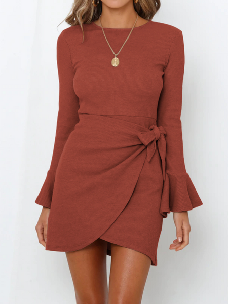 Flared Long Sleeve Slim Bow Dress