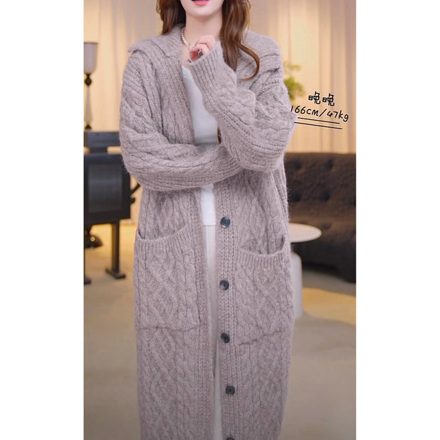 High Collar Thickened Twist Sweater Coat, Gray Cozy Over-knee Knitted Cardigan Long Sweater, Boho Women Sweater, Womens Winner Clothing