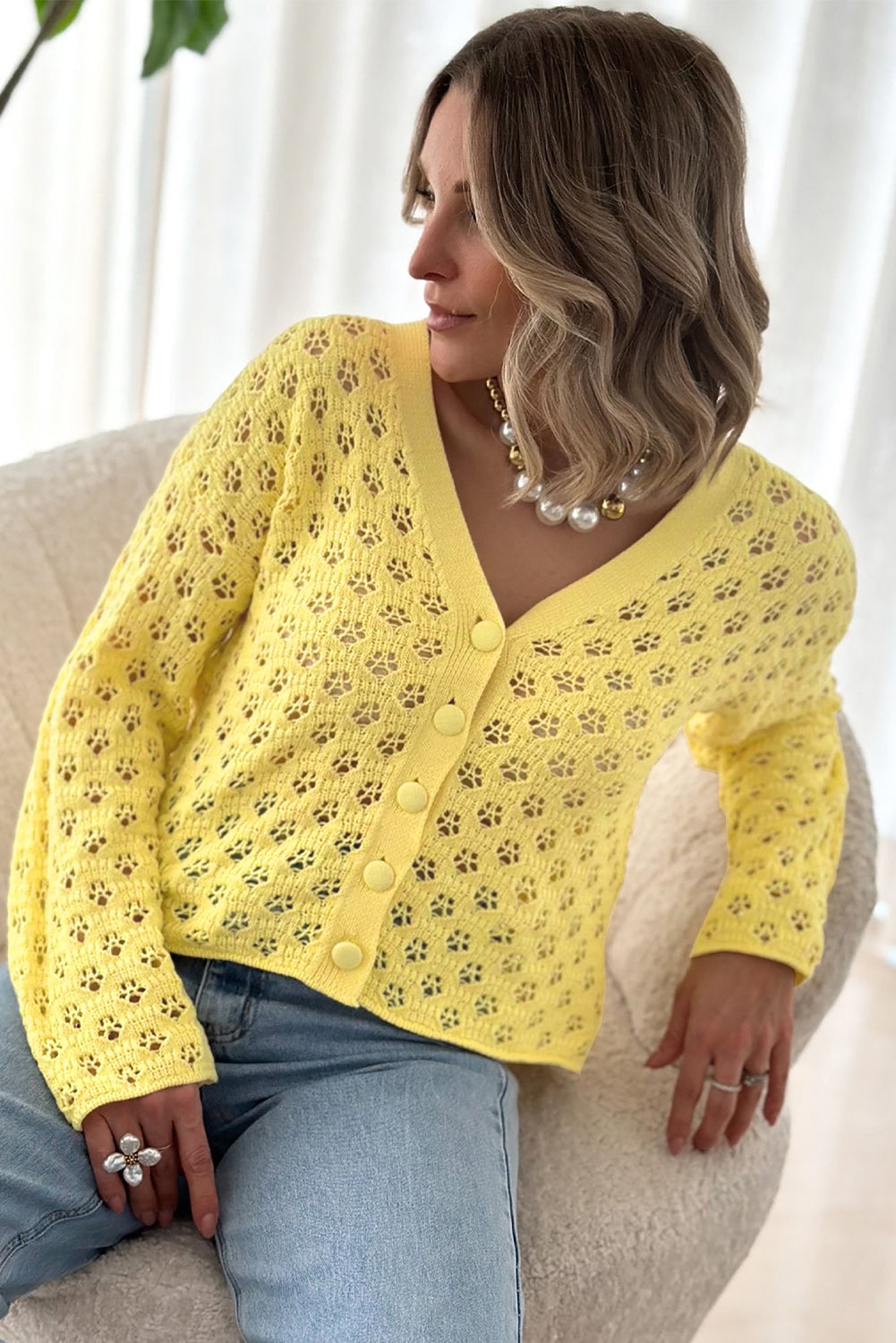 Yellow Pointelle Cardigan-2