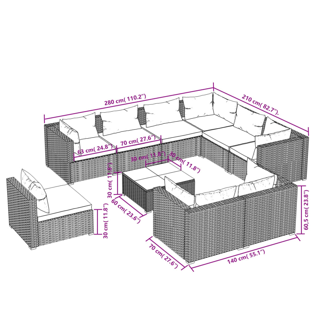 vidaXL 10 Piece Patio Lounge Set with Cushions Poly Rattan Brown-4