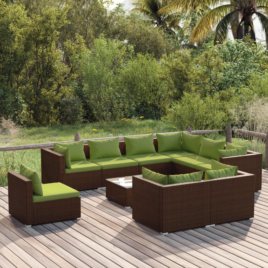 vidaXL 10 Piece Patio Lounge Set with Cushions Poly Rattan Brown-0