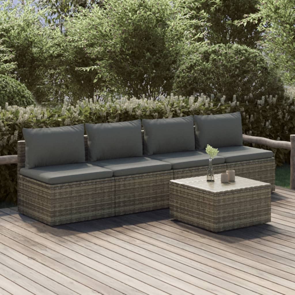 vidaXL 5 Piece Patio Lounge Set with Cushions Gray Poly Rattan-0