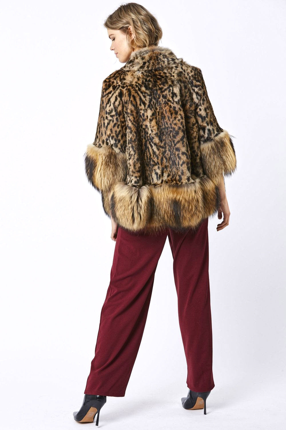 Amelia Animal Print Mocha Fox Fur Cape Coat-3