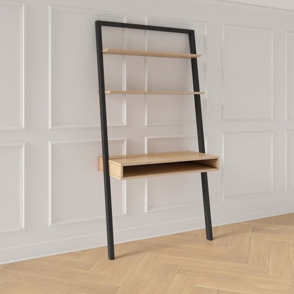 Farmhouse Rustic Oak Black Leaning Ladder Writing Desk 2 Shelves-1