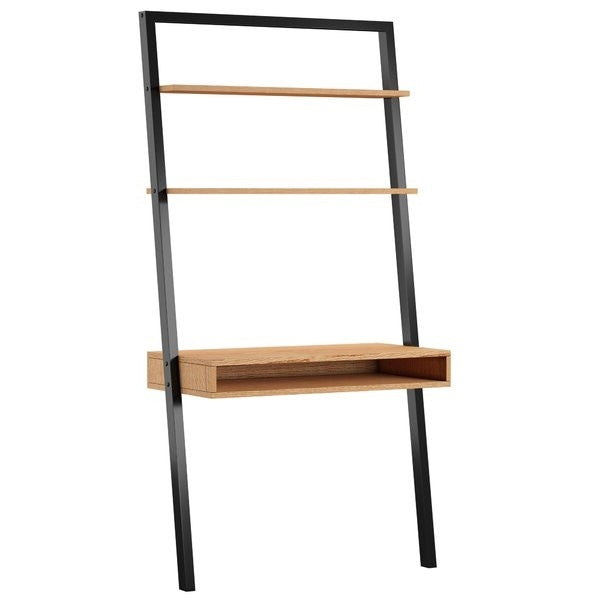 Farmhouse Rustic Oak Black Leaning Ladder Writing Desk 2 Shelves-2