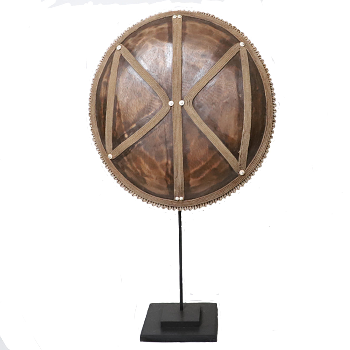 Wooden Natural Cameroon Shield on stand | Manilla Geometric Design with Cowrie Edge-0