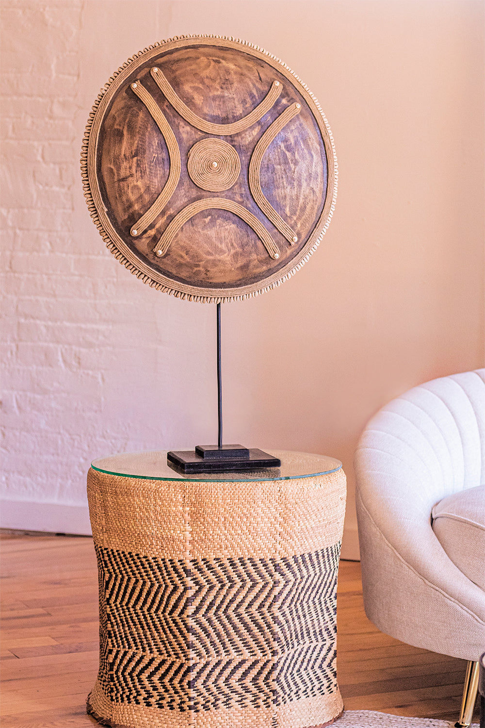 Wooden Natural Cameroon Shield on stand | Manilla Cross Design with Cowrie Edge-0