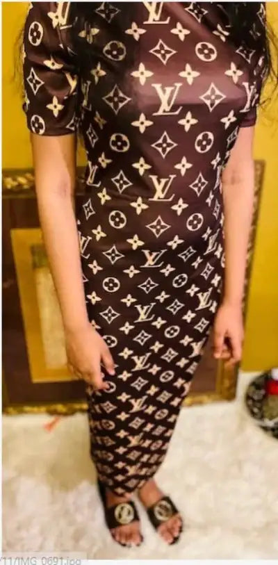 LV Design Short Sleeves Long Dress