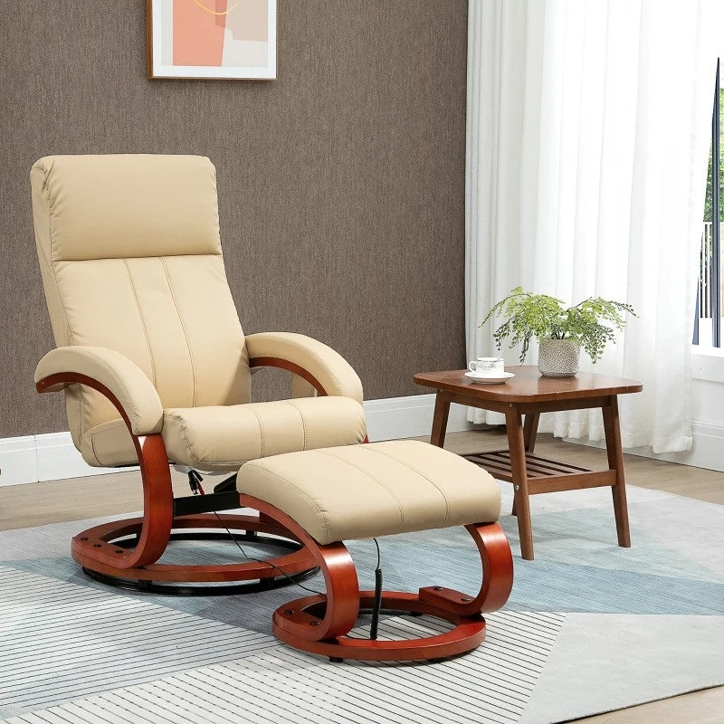 Adjustable Beige Faux Leather Electric Remote Massage Recliner Chair w/ Ottoman-3