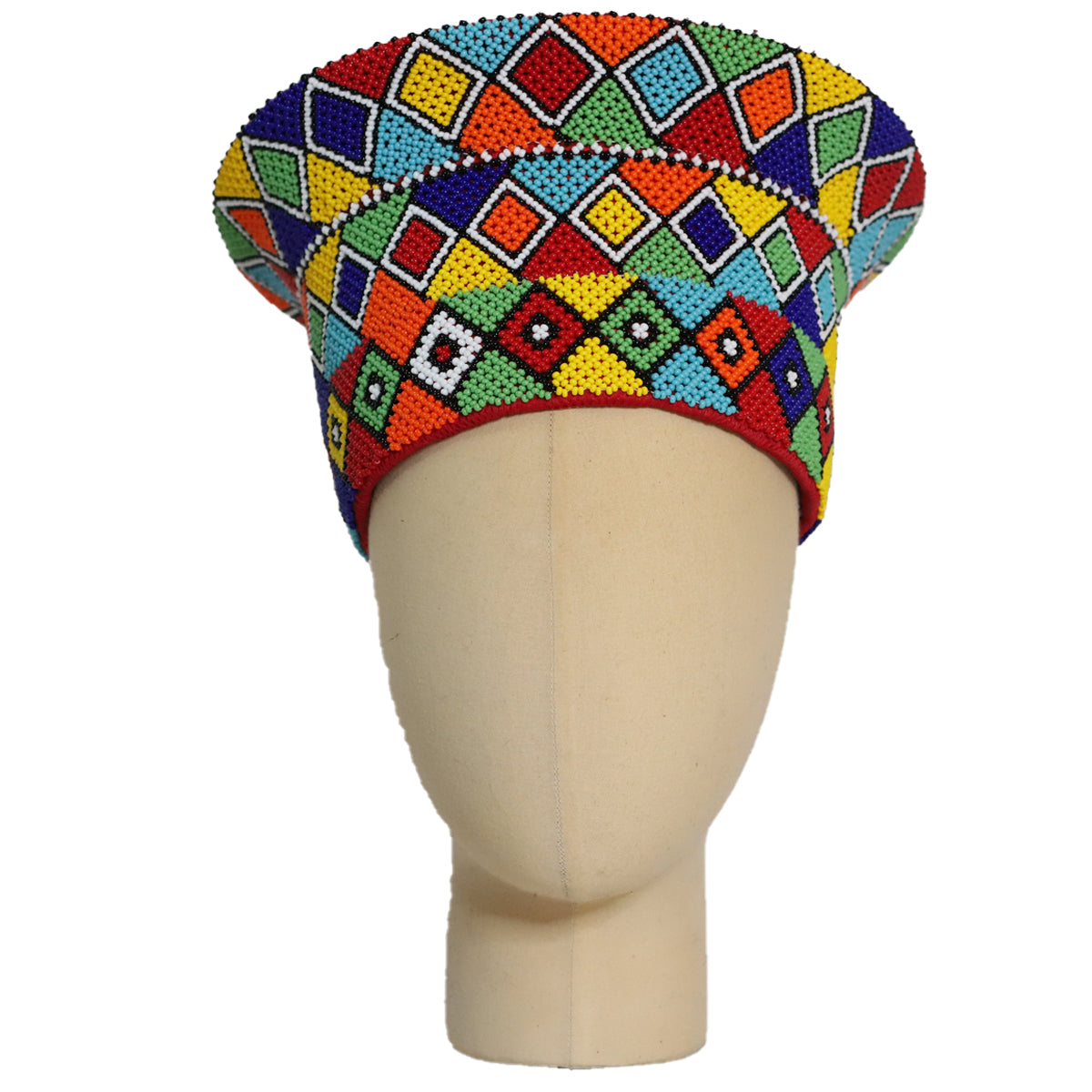 Zulu Beaded Basket Hat - Multicolored Checkered Triangle Pattern | Made in South Africa-0