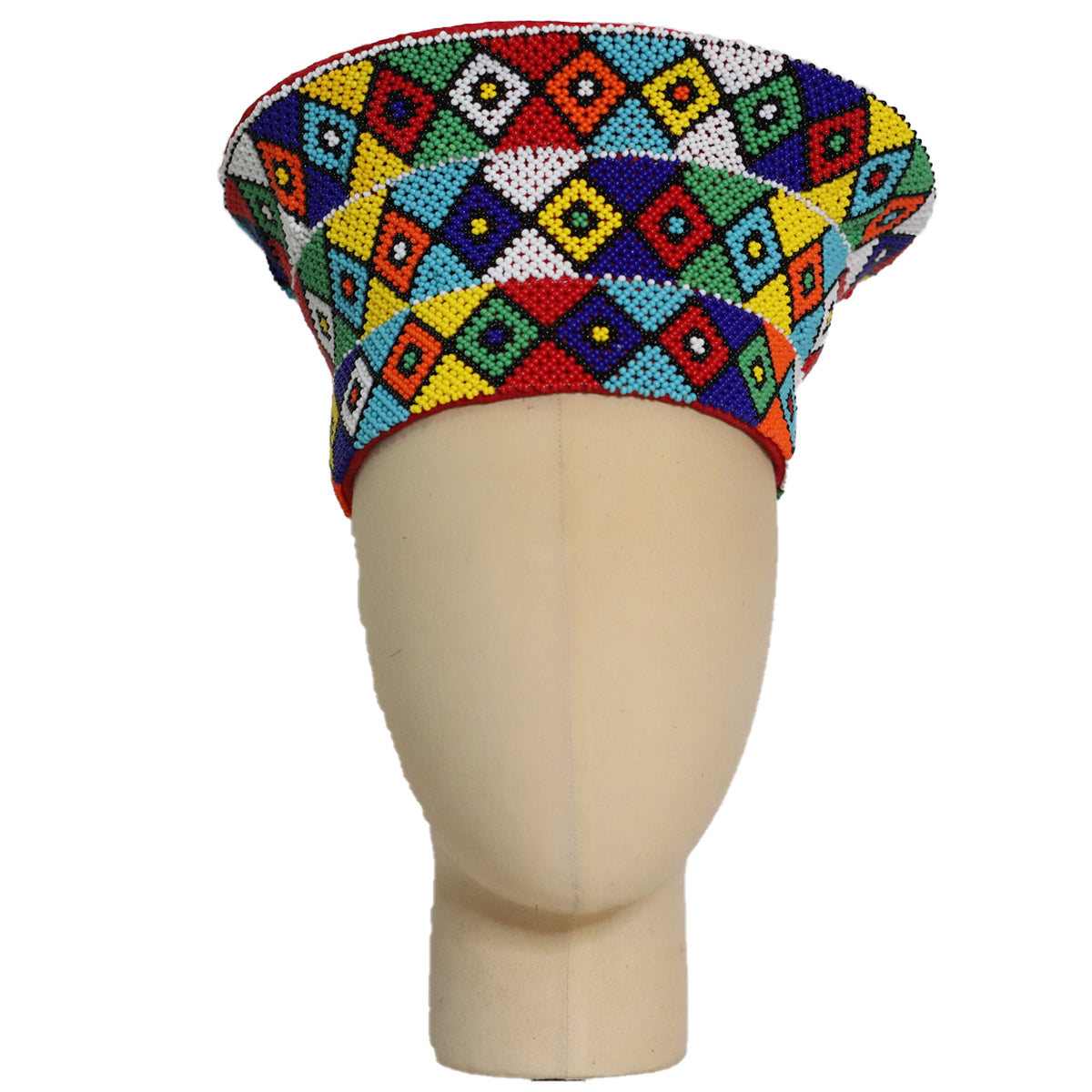 Zulu Beaded Basket Hat - Multicolored Checkered Triangle Pattern | Made in South Africa-0