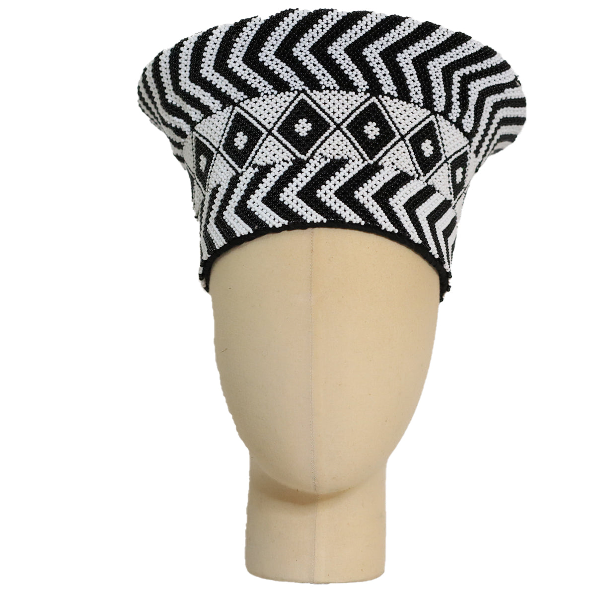 Zulu Beaded Basket Hat - Black and White Zig Zag Pattern | Made in South Africa-0