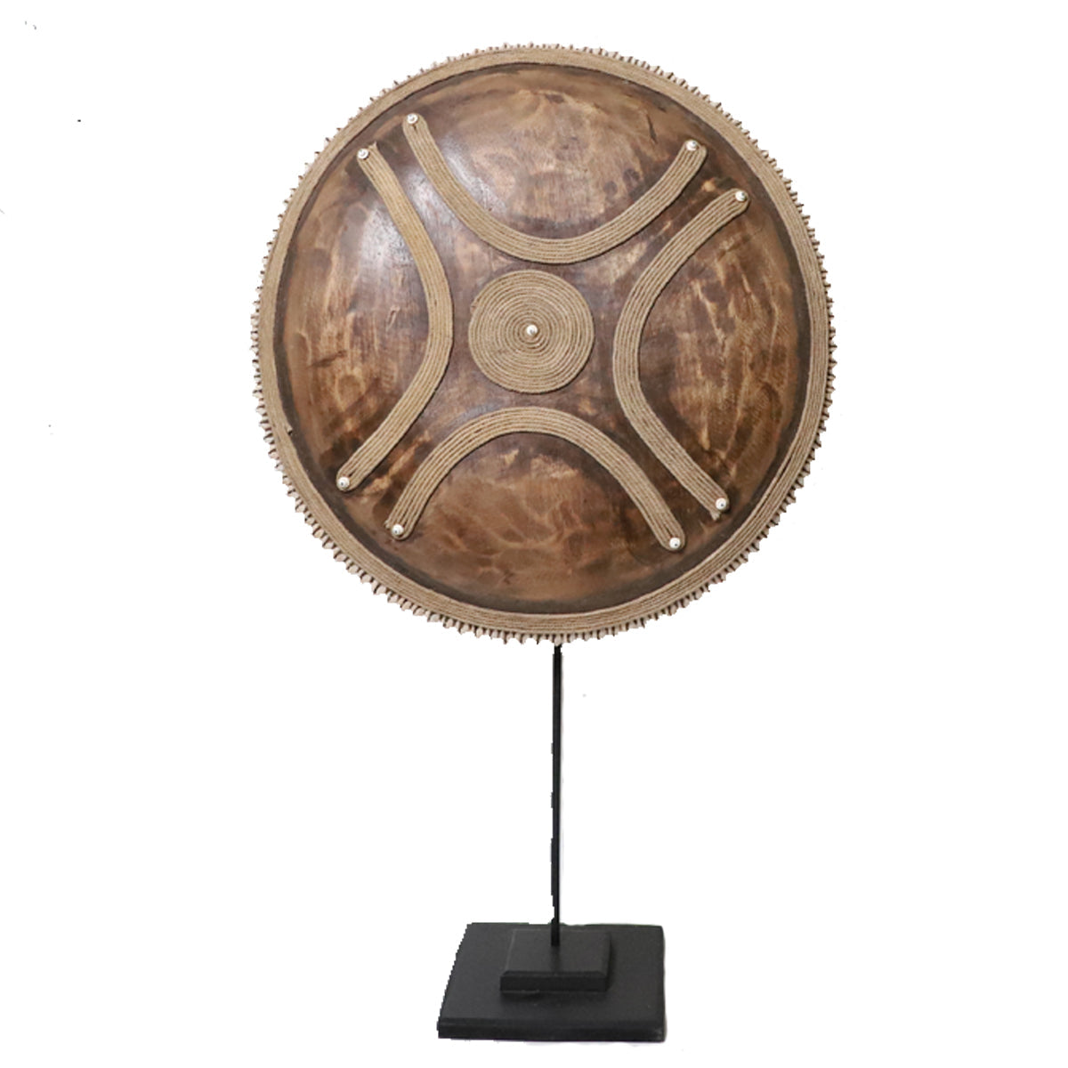 Wooden Natural Cameroon Shield on stand | Manilla Cross Design with Cowrie Edge-3