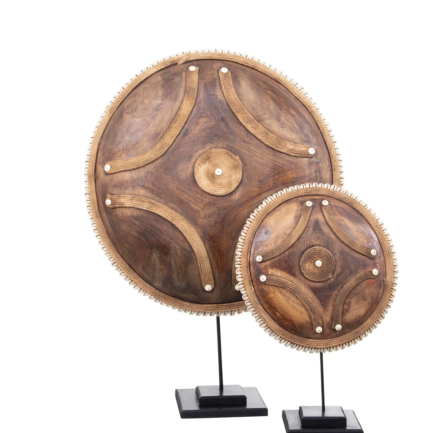 Wooden Natural Cameroon Shield on stand | Manilla Cross Design with Cowrie Edge-1