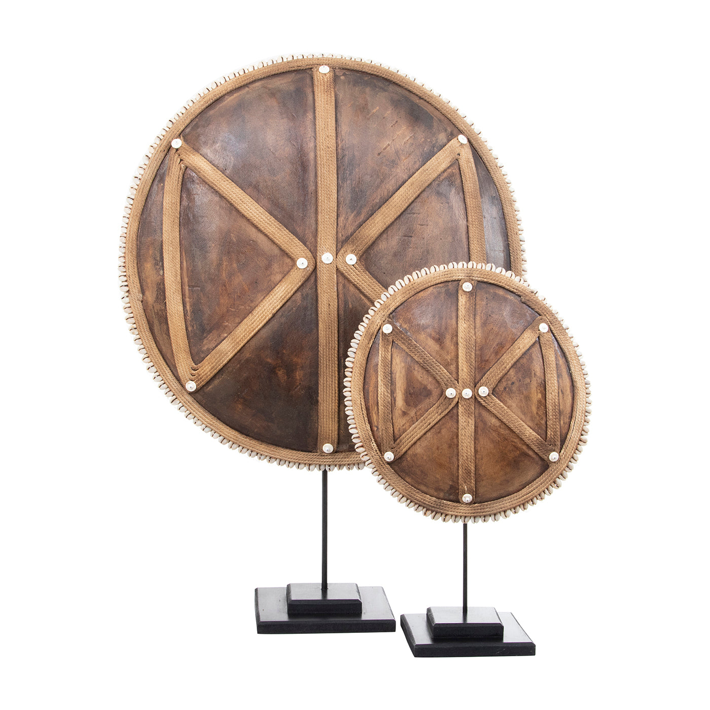 Wooden Natural Cameroon Shield on stand | Manilla Geometric Design with Cowrie Edge-1