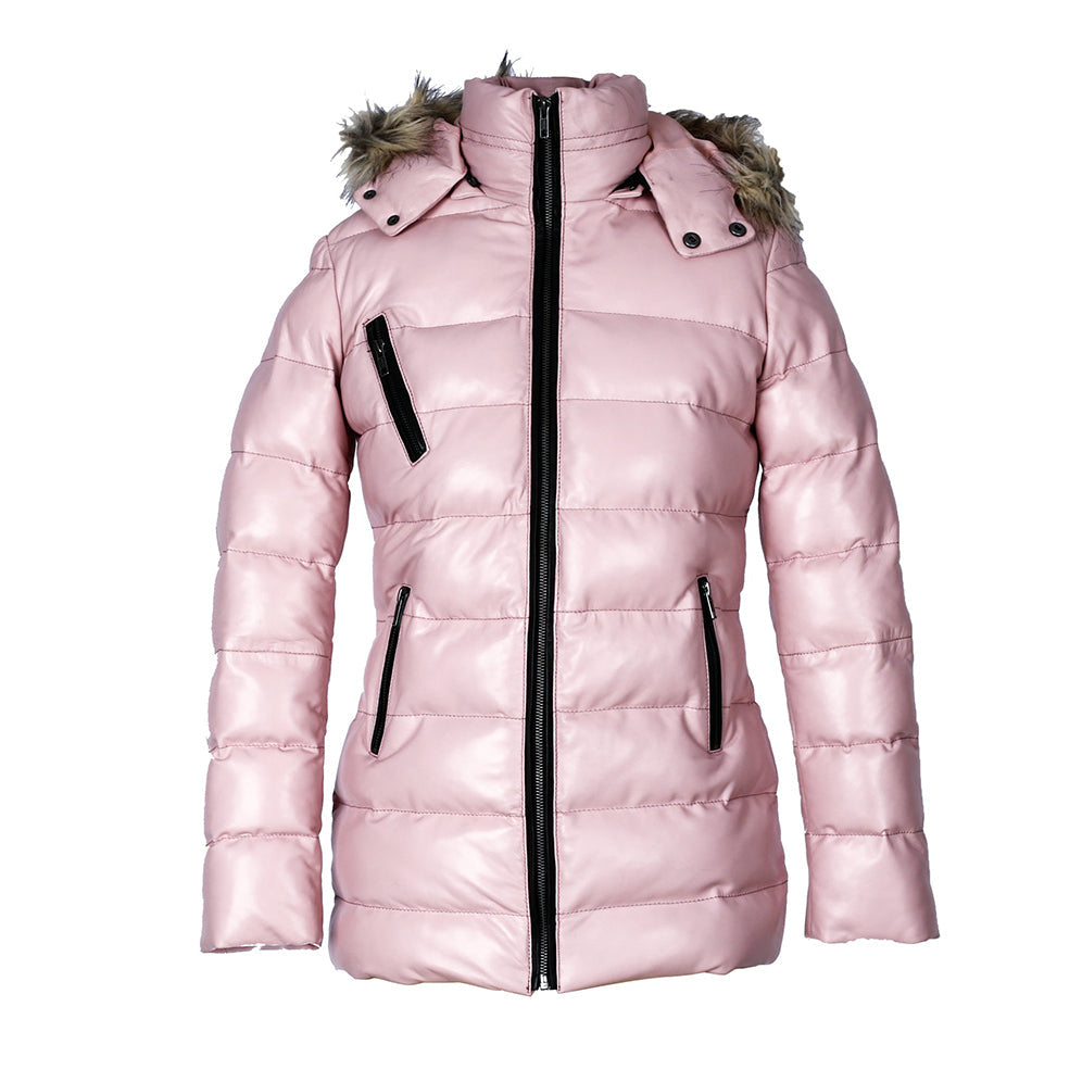 Womens Selina Puffer Leather Jacket with Fur Hoodie (Pink)-0