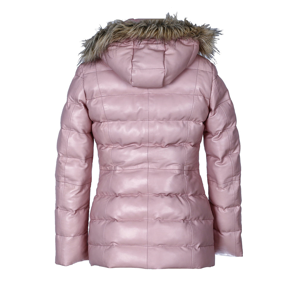 Womens Selina Puffer Leather Jacket with Fur Hoodie (Pink)-3