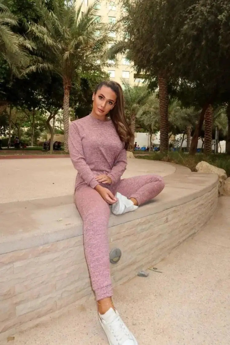 Women Loungewear Crew Neck Jogger Lounge Set Pink