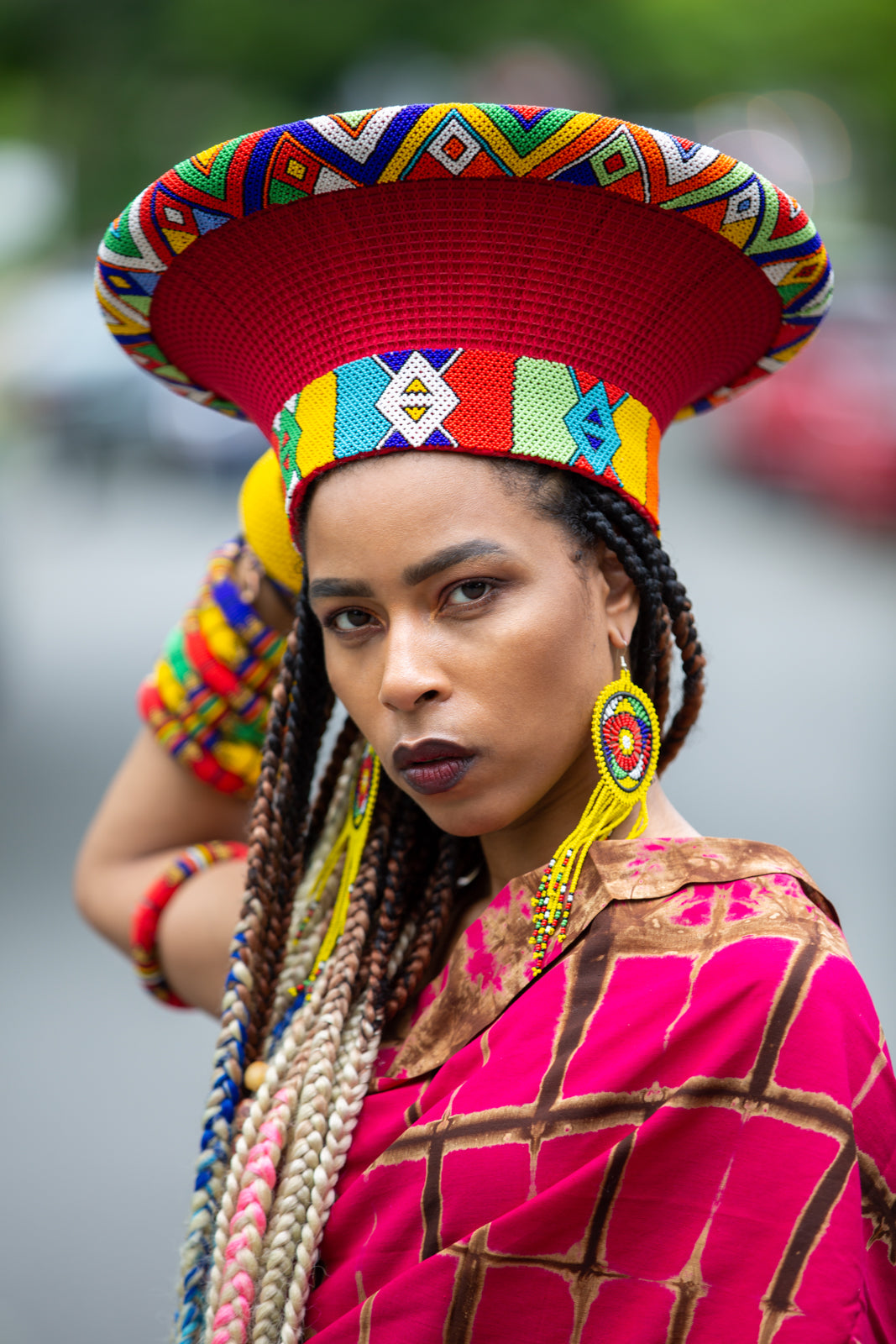 Zulu Wide Basket Hat - Red with Beaded Bands | Handmade in South Africa-0