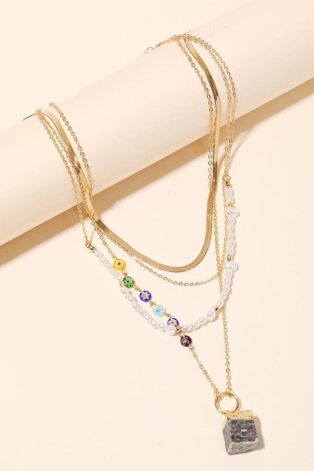 Cube Stone Pendant Layered Chain Pearl Necklace-2