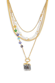 Cube Stone Pendant Layered Chain Pearl Necklace-0