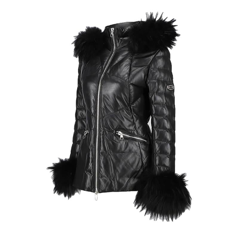 Mardi Gras Womens Fur Hooded Leather Jacket-1