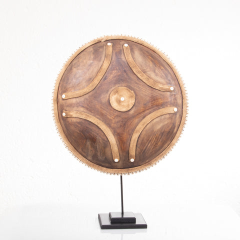 Wooden Natural Cameroon Shield on stand | Manilla Cross Design with Cowrie Edge-4