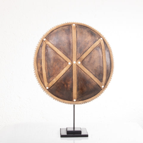 Wooden Natural Cameroon Shield on stand | Manilla Geometric Design with Cowrie Edge-2