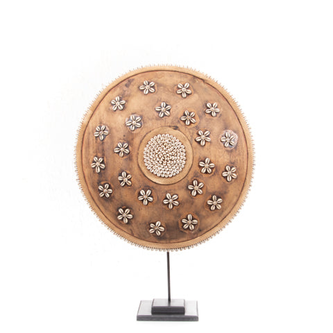 Wooden Natural Cameroon Shield with Cowrie Shells on Stand | Floral Design-1