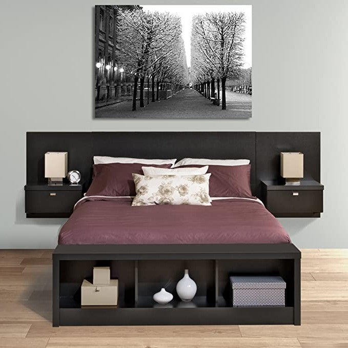 King size Modern Wall Mounted Floating Headboard with Nightstands in Black-2