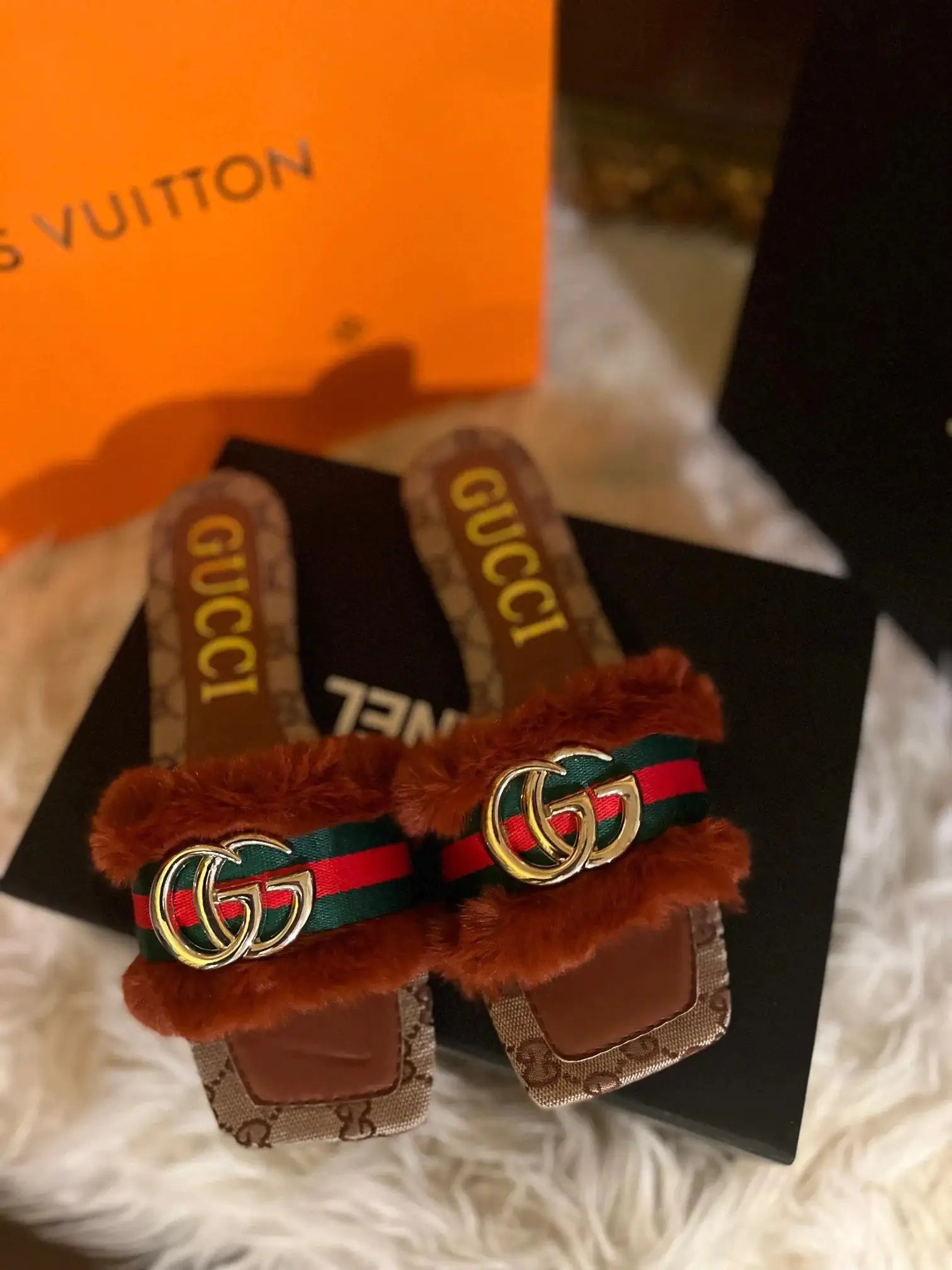 Gucci Design Fur Slide Sandals