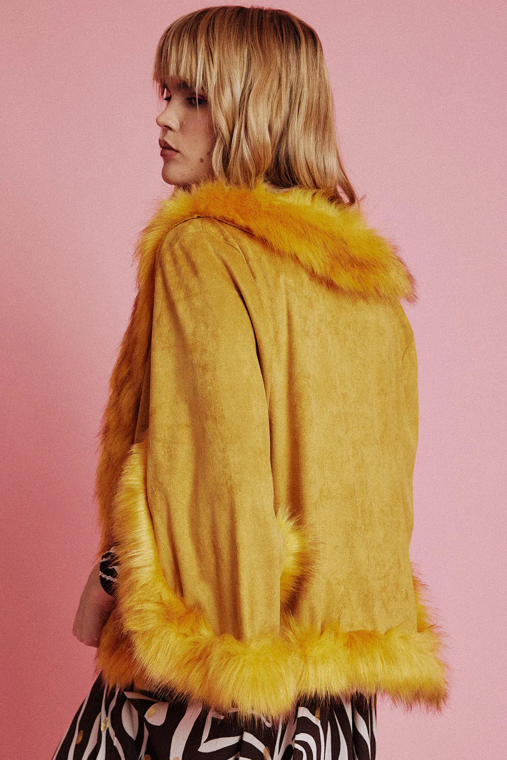 Yellow Faux Fur Suede Cape Jacket-1