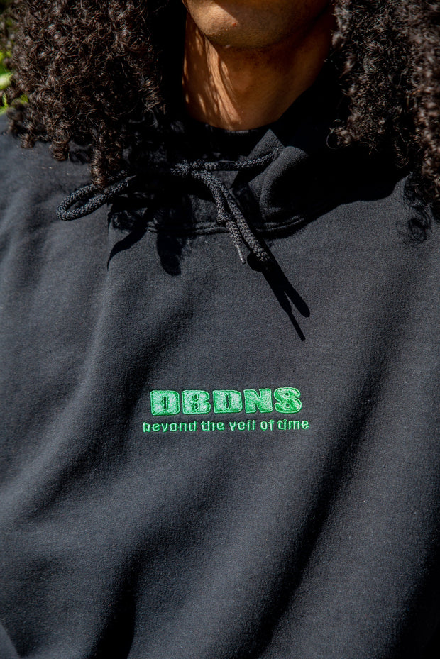 Hoodie in Black with Green Futuristic Logo Embroidery-2