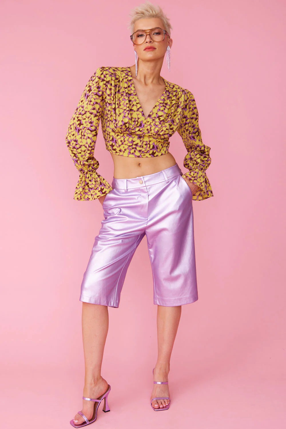 Yellow Purple Silk Blend Cropped Blouse-1