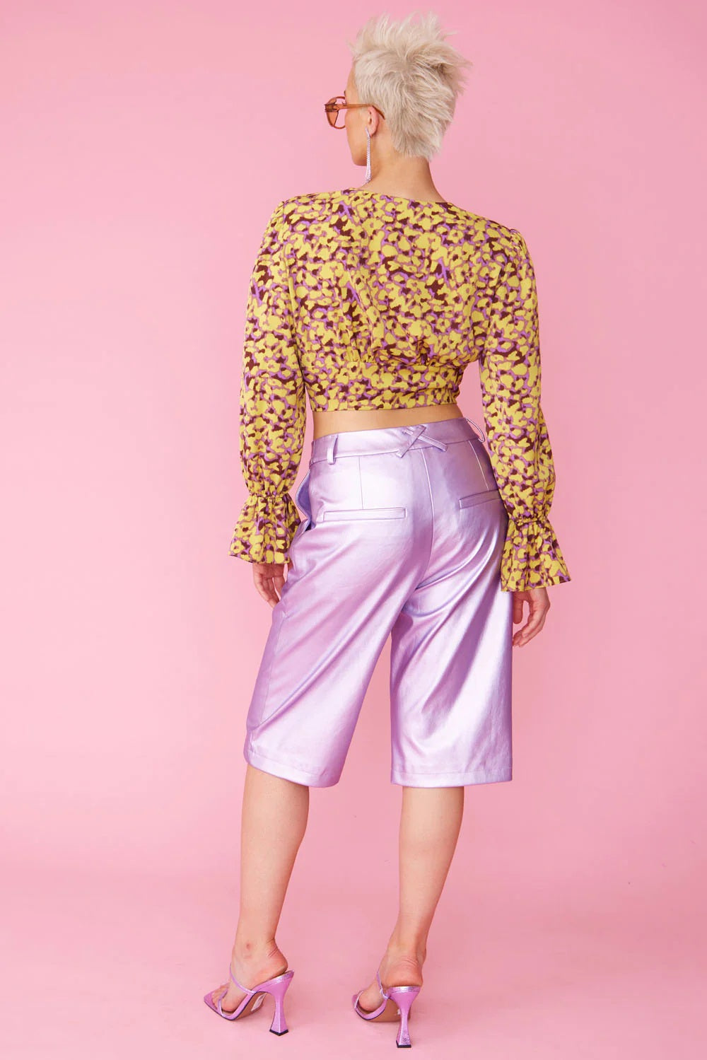 Yellow Purple Silk Blend Cropped Blouse-3