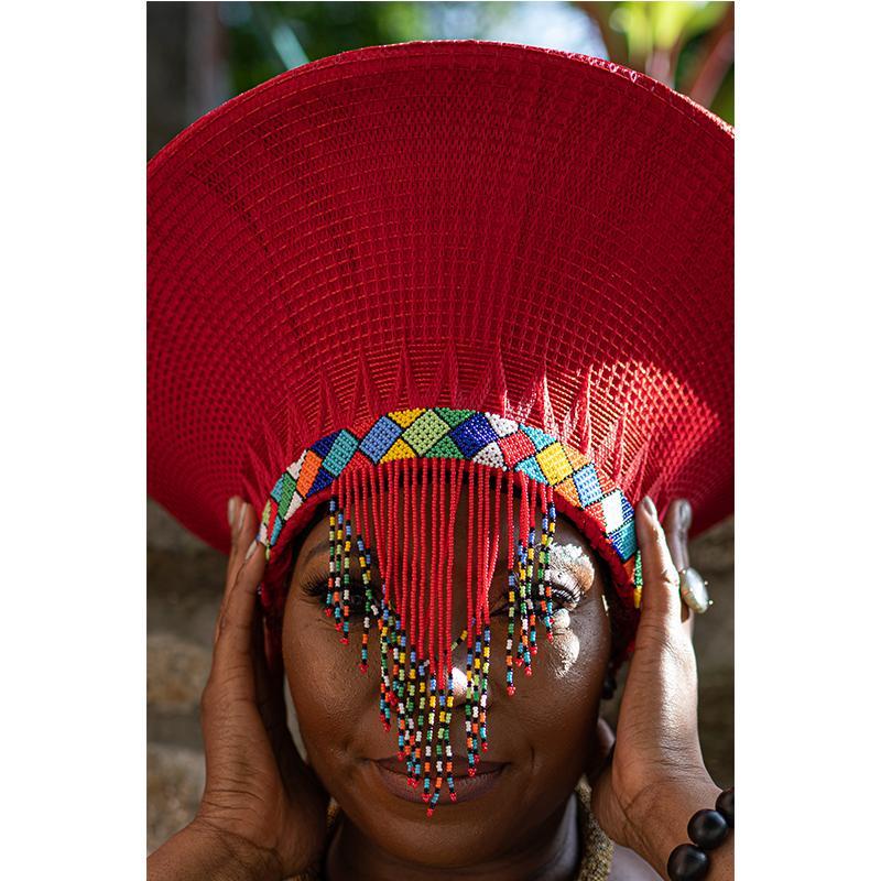 Zulu Wide Basket Hat with Beading - Red | Handmade in South Africa-1