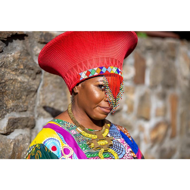 Zulu Wide Basket Hat with Beading - Red | Handmade in South Africa-4