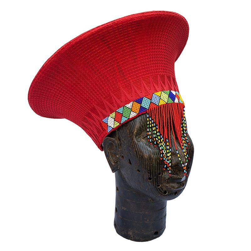 Zulu Wide Basket Hat with Beading - Red | Handmade in South Africa-0